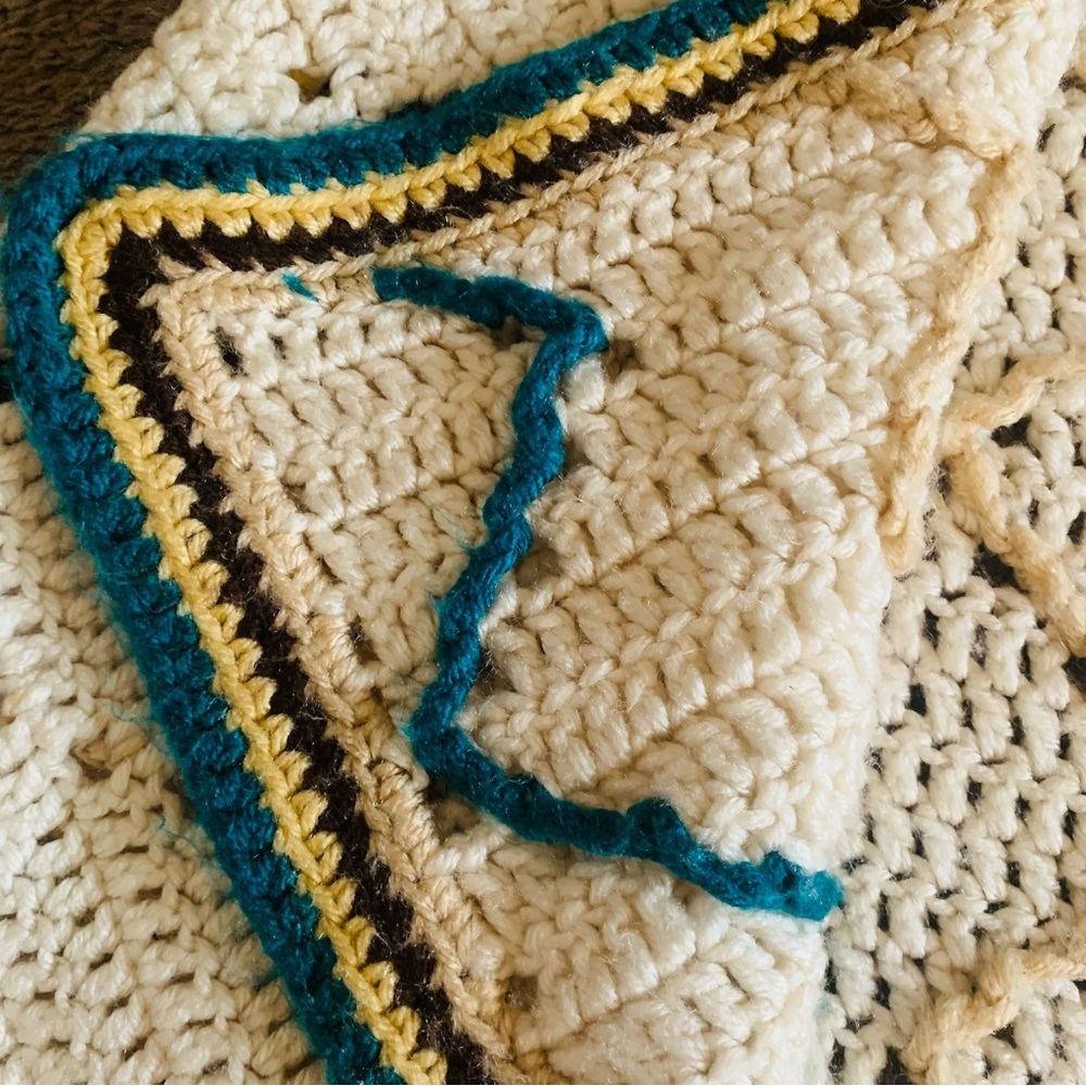 Vintage Handmade Crochet Afghan Throw Blanket Zig Zag Cream Teal Brown 59”x75” - Picture 8 of 8